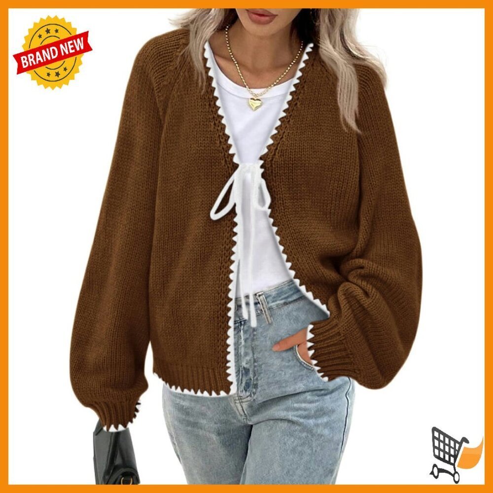 Oversized V-Neck Cardigan with Tie Front, Puff Sleeves, Lightweight Knit